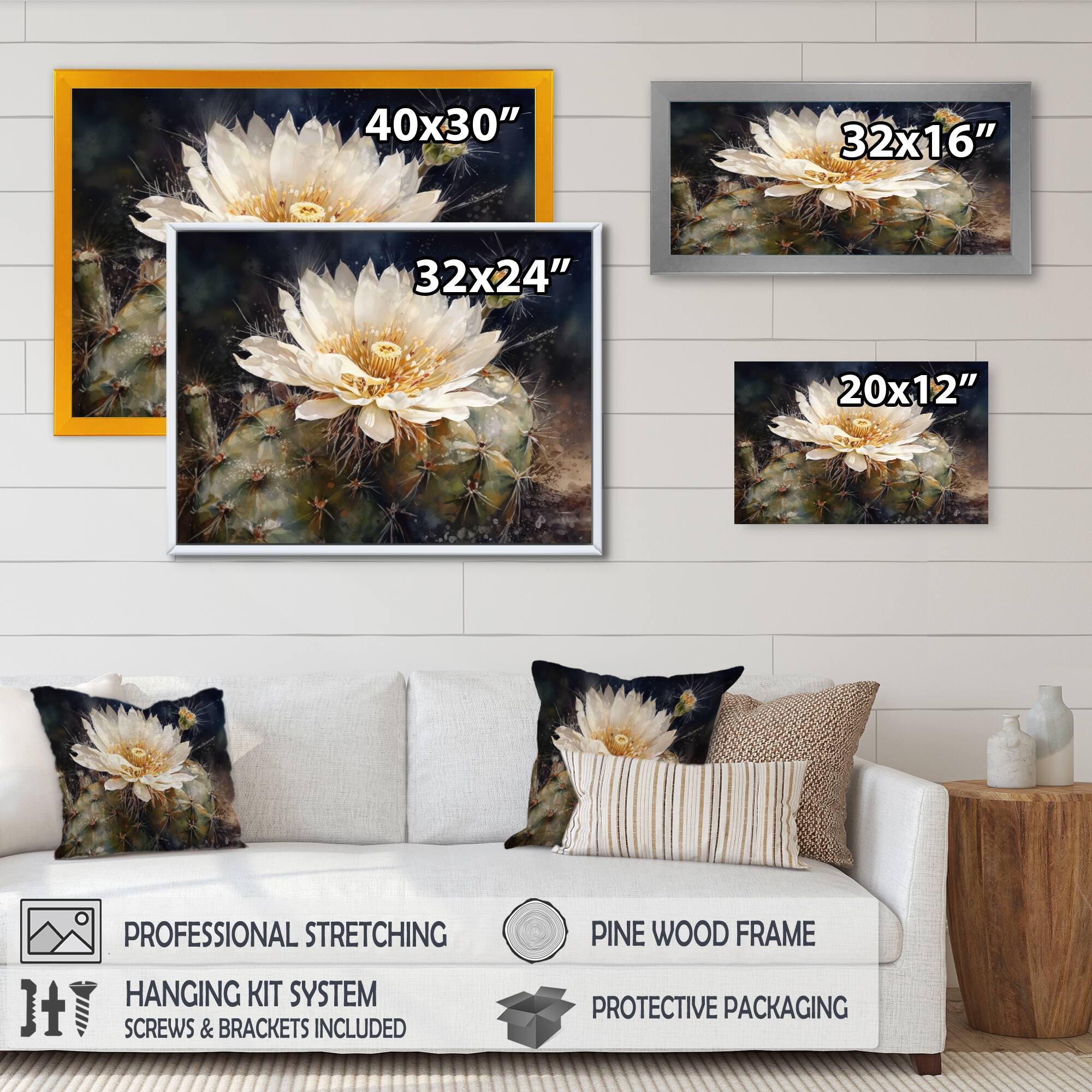 Designart "White Green Cactus Flower I" Floral Cactus Framed Wall Decor